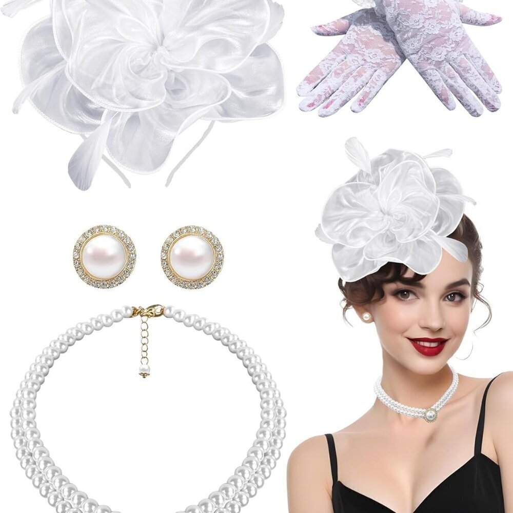 Tea Party Fascinator Hat Women Lace Gloves Pearl Jewelry Set Elegant